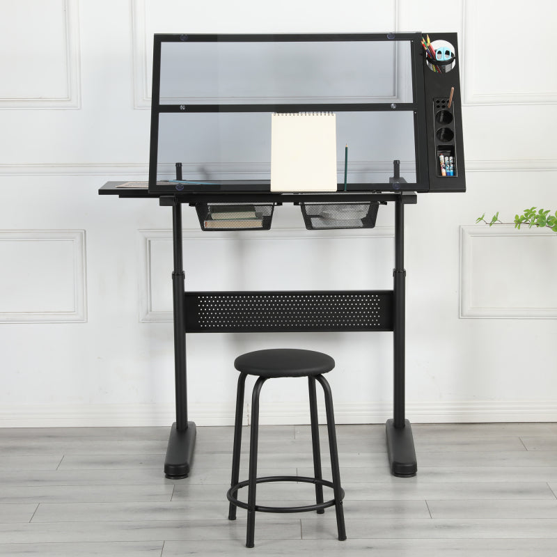 Industrial Drafting Table & Stool for Studio, Hand Crank