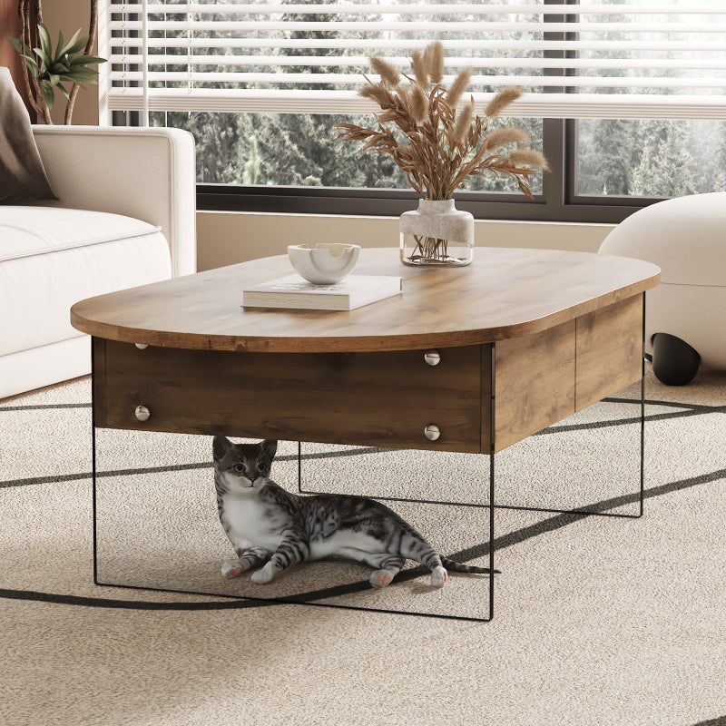Natural Oval Coffee Table, Living Room, Glass Sides, Drawers