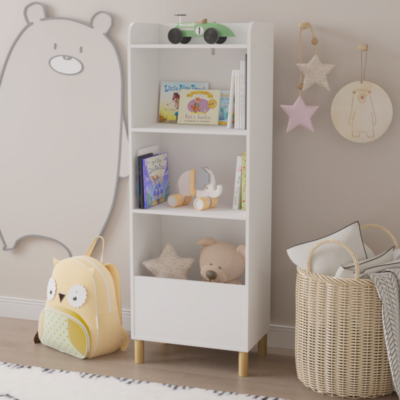 Modern 4-Tier Kids Bookcase for Playroom with Toy Storage