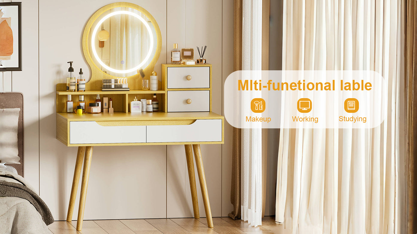 Modern Makeup Vanity for Small Bedrooms, Tri-Fold LED Mirror