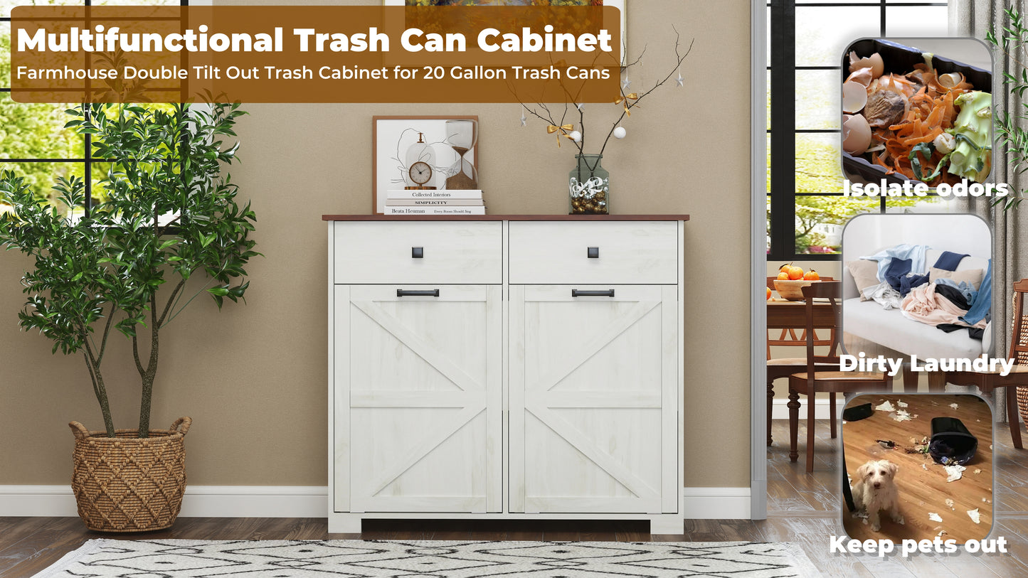 Farmhouse Barn-Door Double Tilt-Out Kitchen Trash Cabinet
