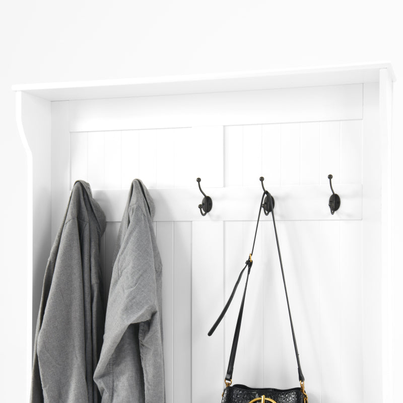 Modern White Hall Tree Bench, Entryway Shoe Storage, 5 Hooks
