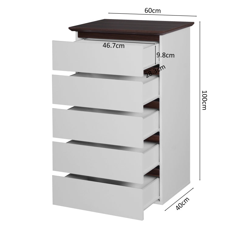 Modern 5-Drawer Bedroom Dresser, Two-Tone White & Walnut