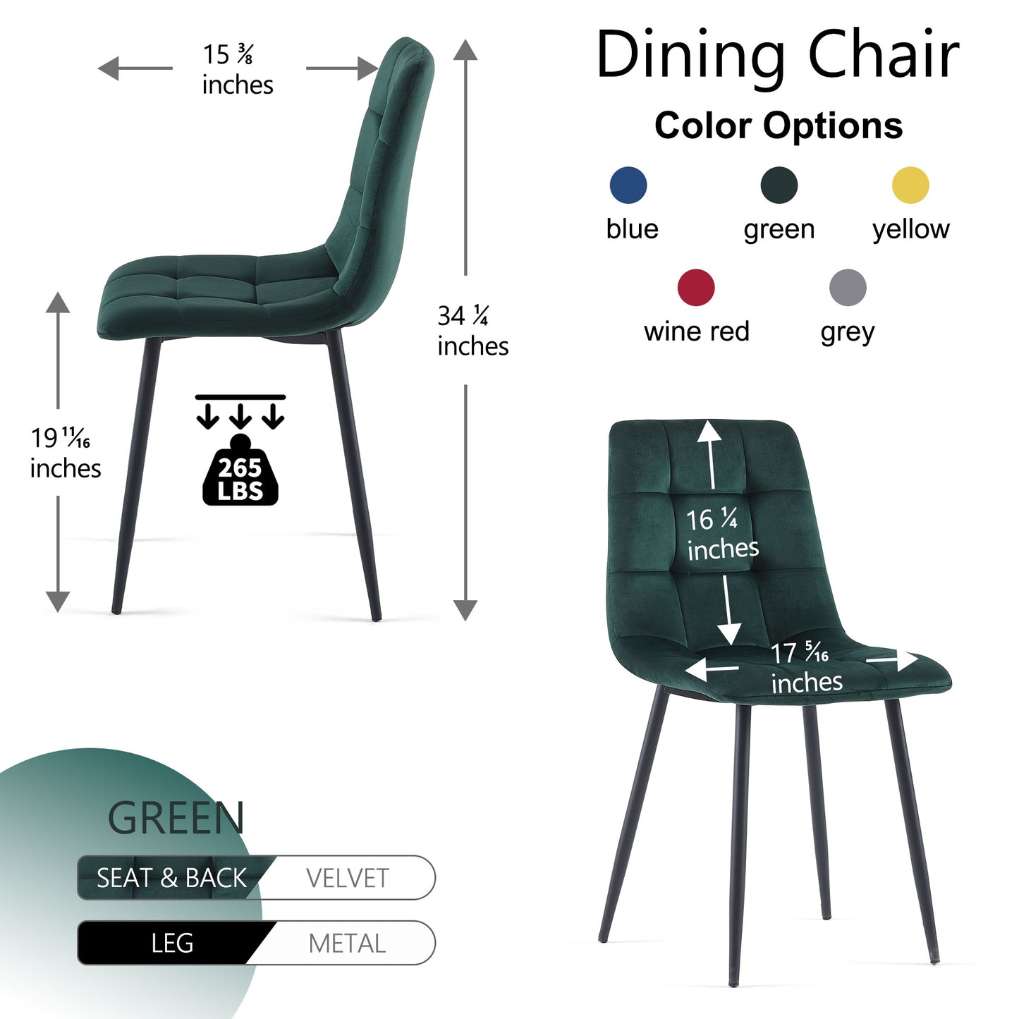 Mid-Century Green Velvet Dining Chairs for Kitchen, Set of 4