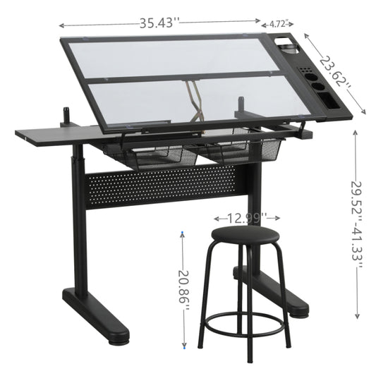 Industrial Drafting Table & Stool for Studio, Hand Crank