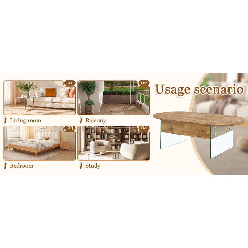 Natural Oval Coffee Table, Living Room, Glass Sides, Drawers