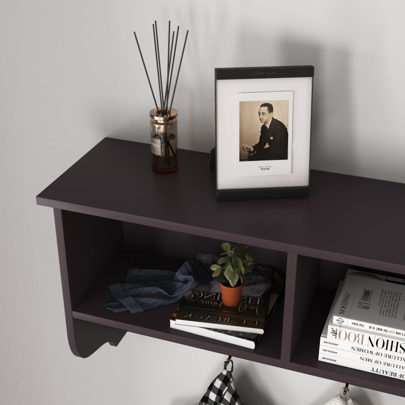 Espresso Wall-Mount Coat Rack Shelf, Entryway, 4 Dual Hooks