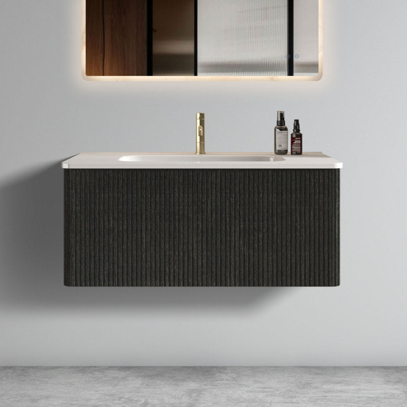 Etna 24-in Striped Walnut Floating Bath Vanity, Ceramic Sink