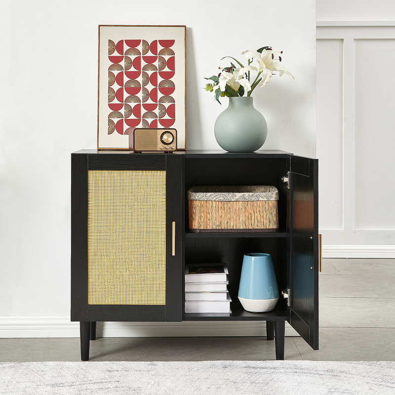 Modern Rattan Sideboard for Living Room, Adjustable Shelves