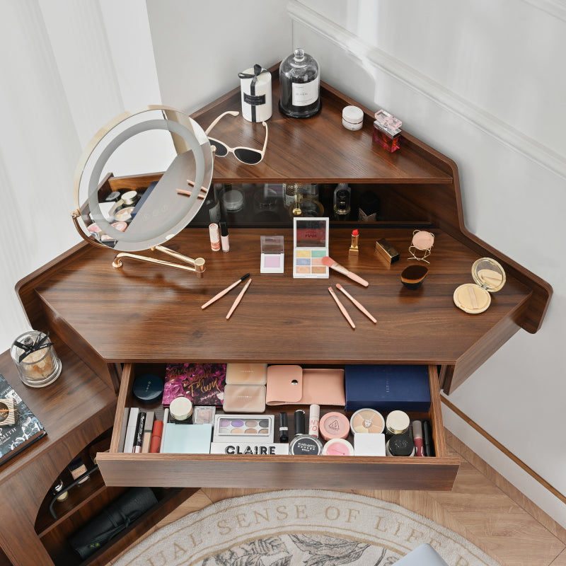 Modern Walnut Corner Vanity Set for Small Spaces, LED Mirror