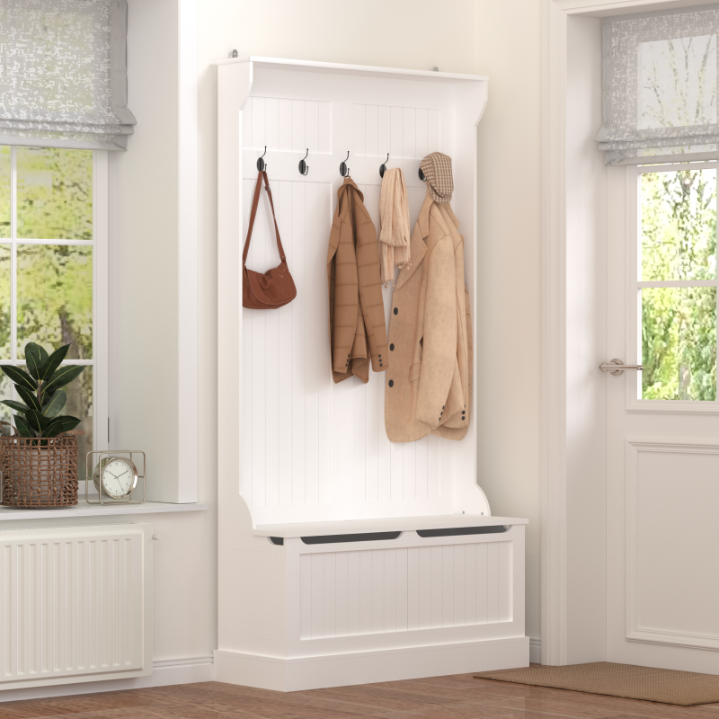 Modern White Hall Tree Bench, Entryway Shoe Storage, 5 Hooks