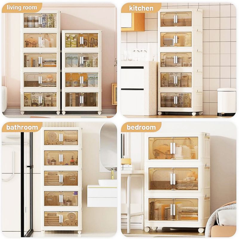 Modern Folding Closet Cabinet with Wheels, 3-Tier
