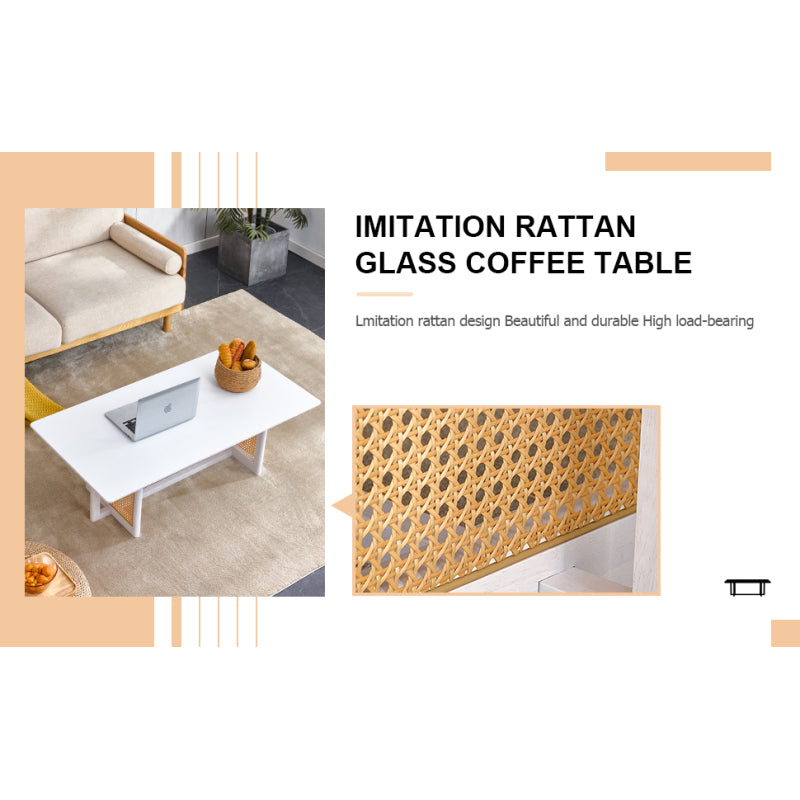 Asian-Style White Solid Wood Coffee Table, Faux Rattan Legs