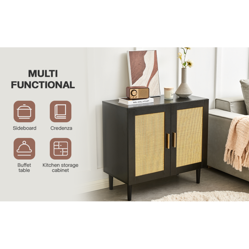 Modern Rattan Sideboard for Living Room, Adjustable Shelves