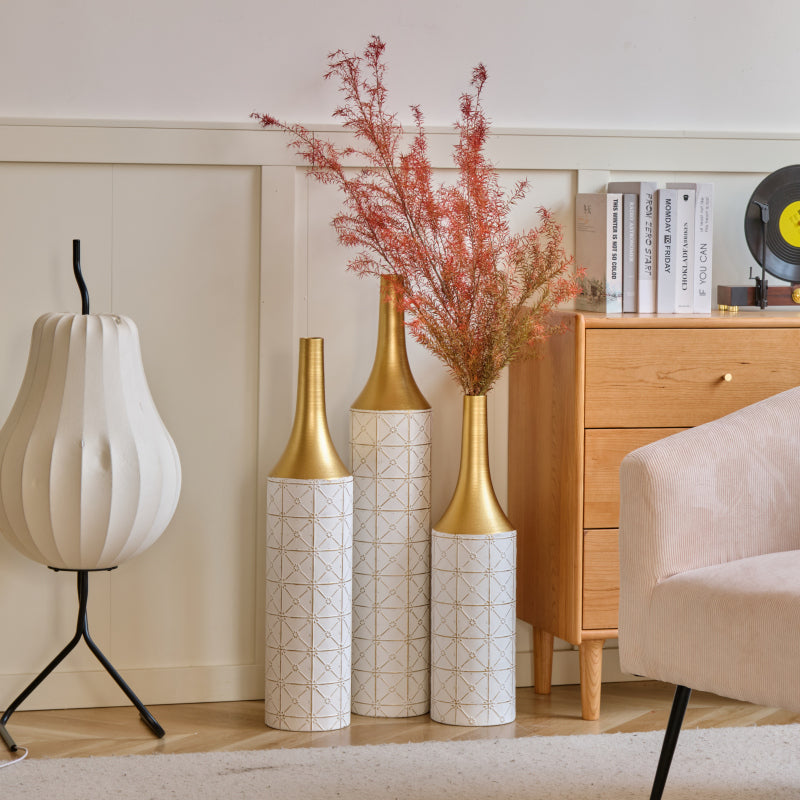 Modern Floor Vase Trio for Living Room, Tall White Metal