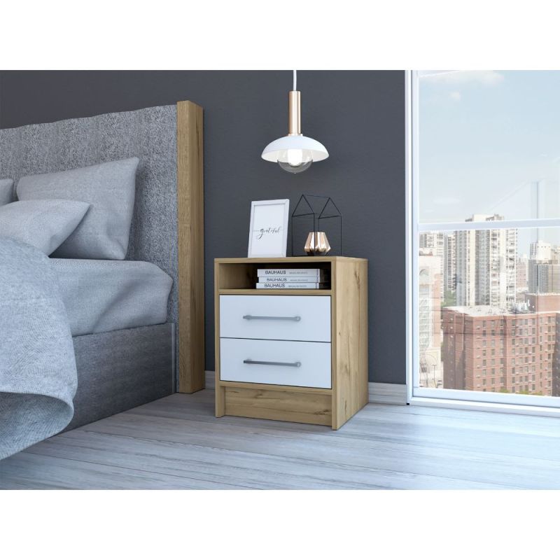 Eter Modern Bedside Table with 2 Drawers, Smokey Oak/White