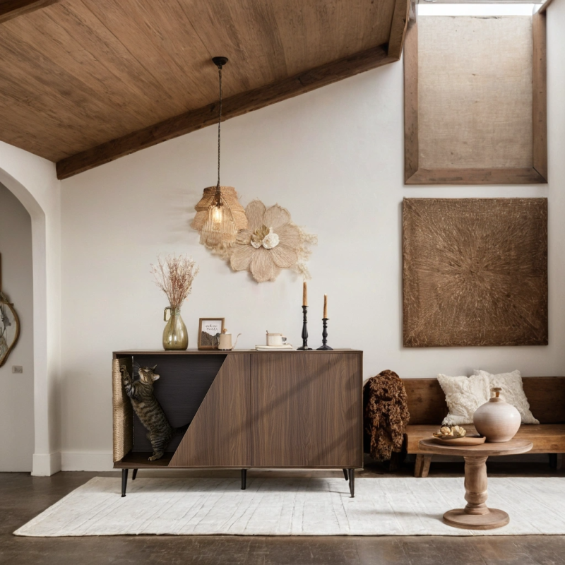 Modern Walnut End Table for Living Room, Hidden Litter Box