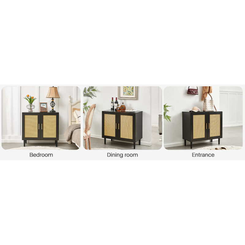 Modern Rattan Sideboard for Living Room, Adjustable Shelves