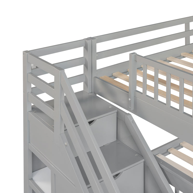Modern L-Shaped Twin/Full Kids' Bunk with Stairs & Drawers