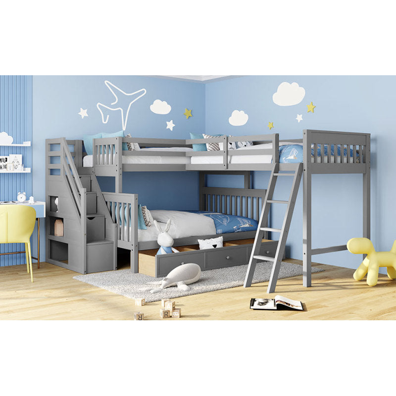 Modern L-Shaped Twin/Full Kids' Bunk with Stairs & Drawers