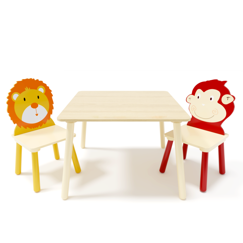 Wooden Kids Table & 2 Chairs for Playroom, Lion & Monkey