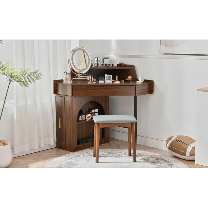 Modern Walnut Corner Vanity Set for Small Spaces, LED Mirror