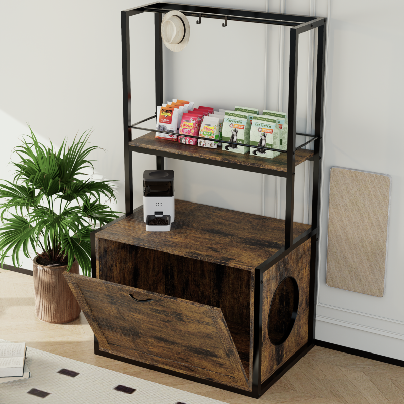 Rustic Brown Litter Box Cabinet for Home with Shelves & Rods