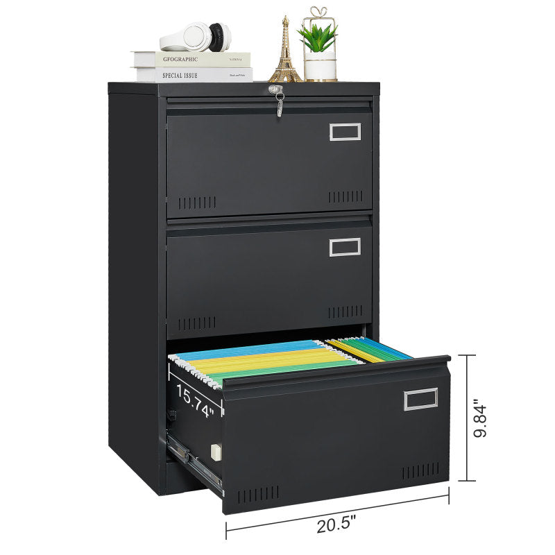 Sleek 3-Drawer Lateral File Cabinet for Home Office, Locking