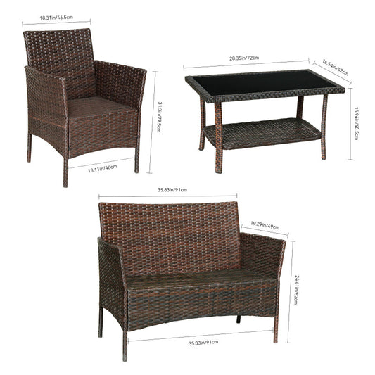 Modern Rattan 4-Piece Patio Sofa Set, Sapphire Blue Cushions