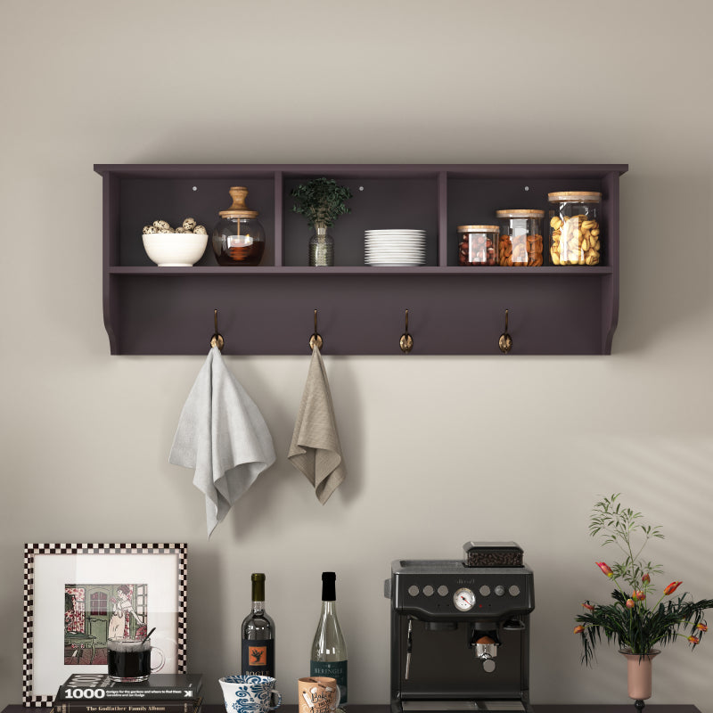 Espresso Wall-Mount Coat Rack Shelf, Entryway, 4 Dual Hooks
