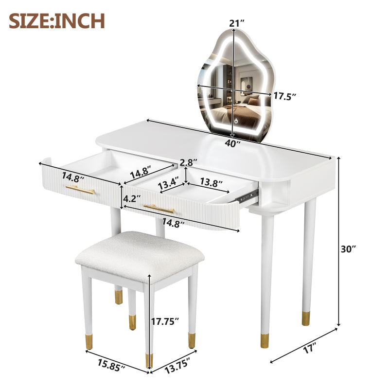 Modern Vanity Set for Bedroom with Touch LED Mirror, 2 Drawers