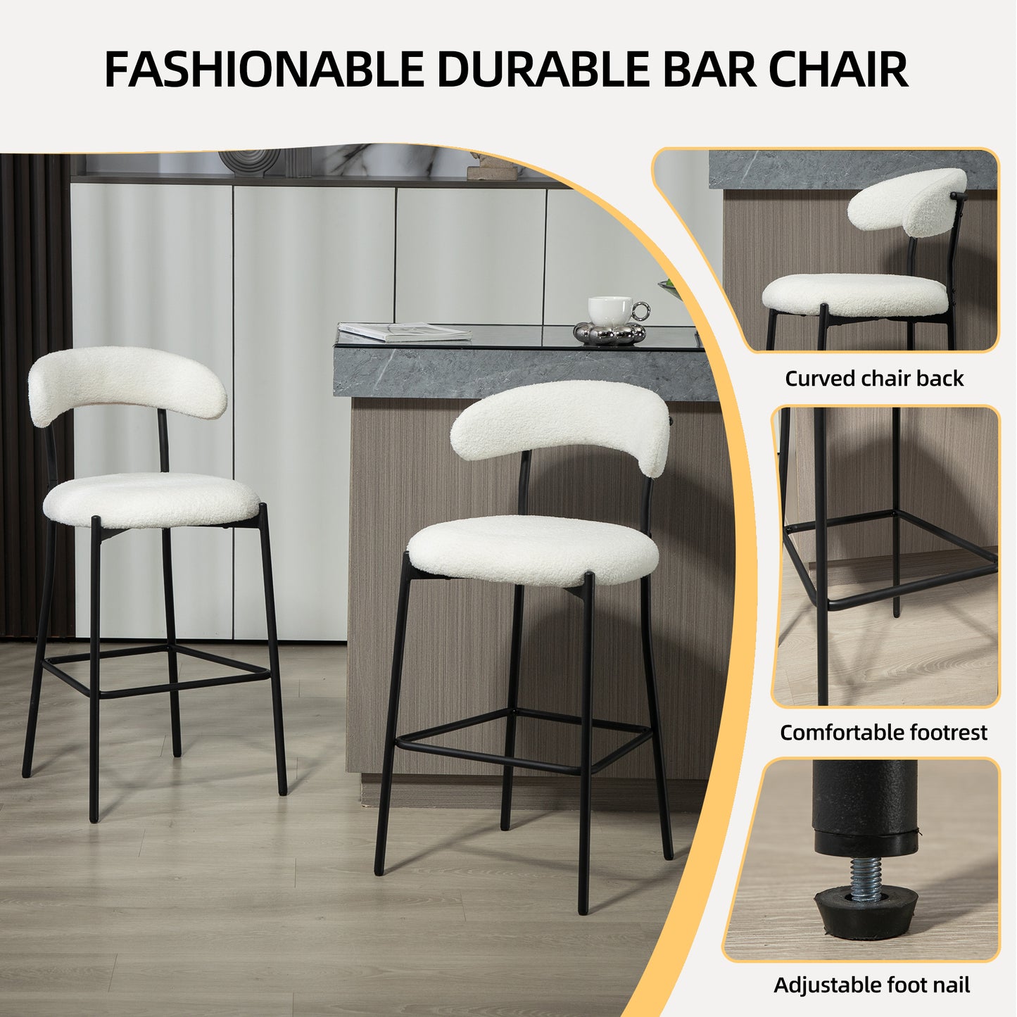 Cozy Teddy Fabric Counter Stool, Kitchen Island, Black Base