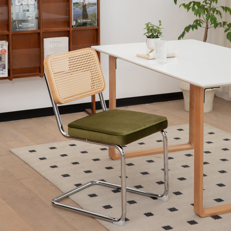 RR Mid-Century Dining Chairs, Velvet & Rattan, Set of 2