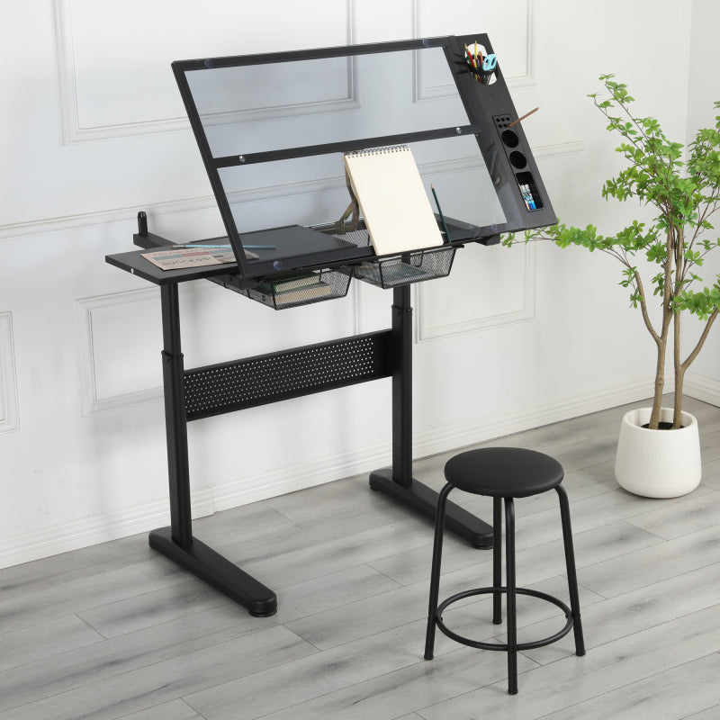 Industrial Drafting Table & Stool for Studio, Hand Crank