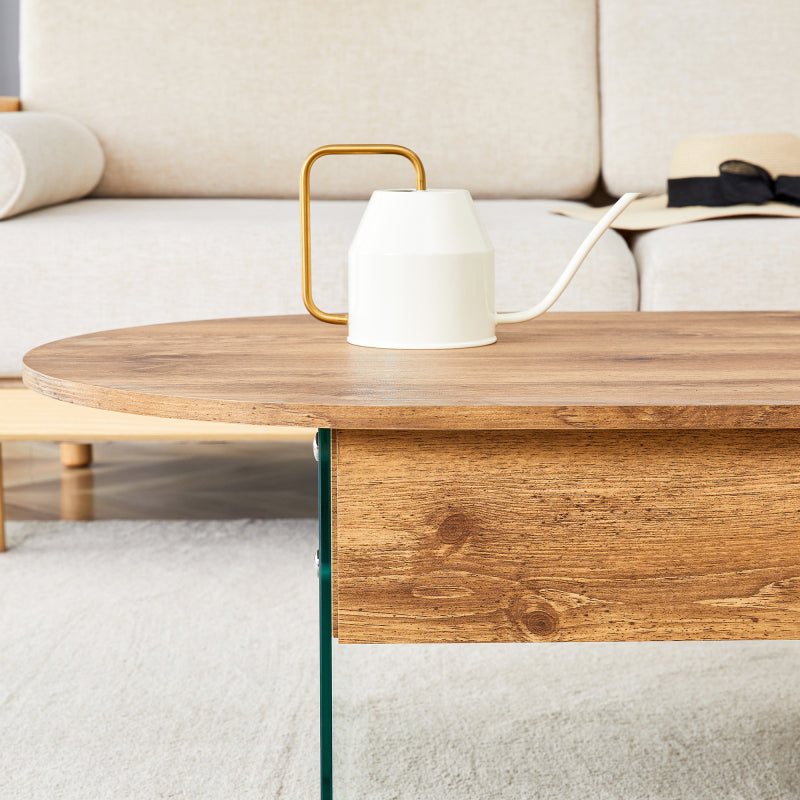 Natural Oval Coffee Table, Living Room, Glass Sides, Drawers