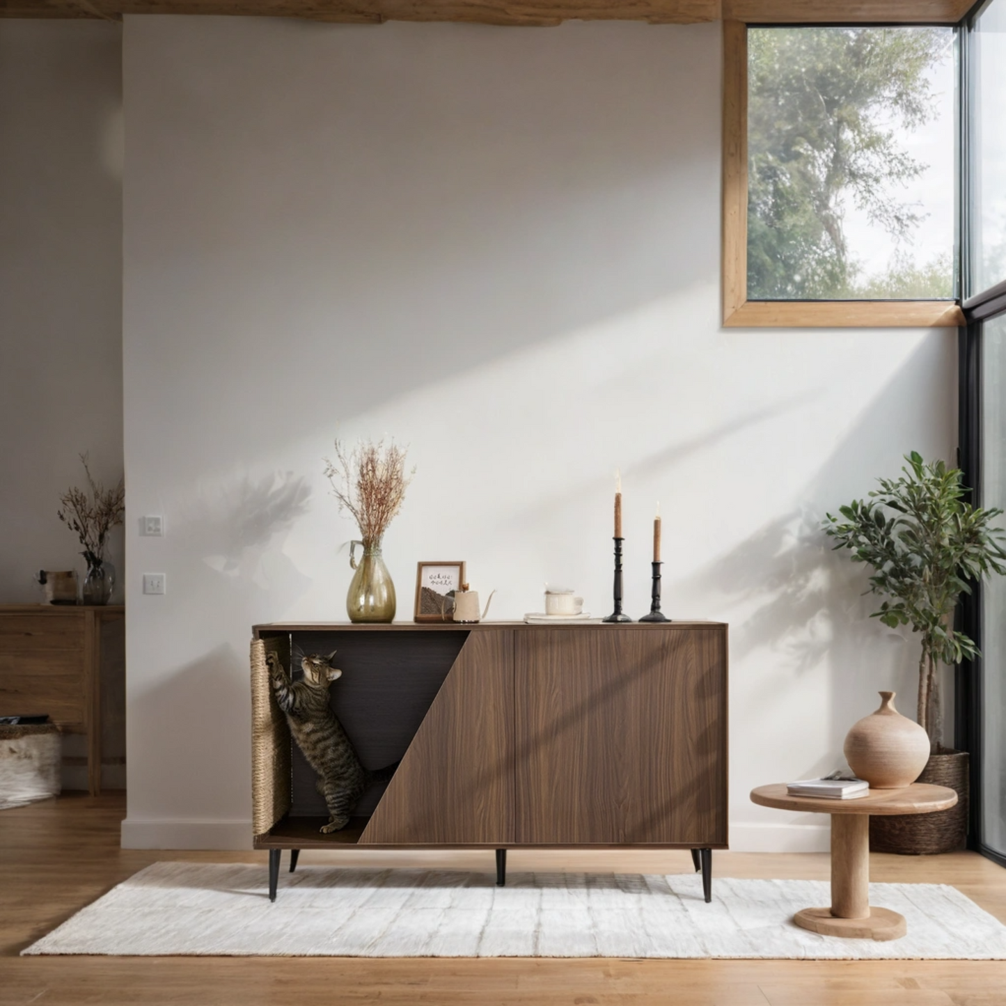 Modern Walnut End Table for Living Room, Hidden Litter Box