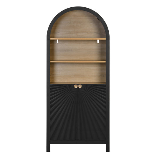 Mid-Century Tall Arched Bookcase with Door for Living Room