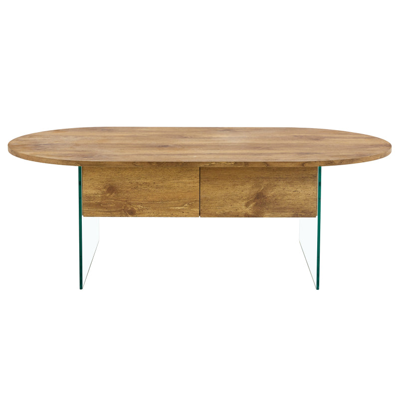 Natural Oval Coffee Table, Living Room, Glass Sides, Drawers