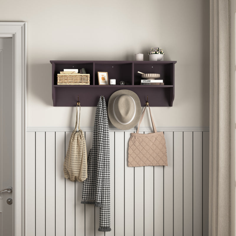 Espresso Wall-Mount Coat Rack Shelf, Entryway, 4 Dual Hooks
