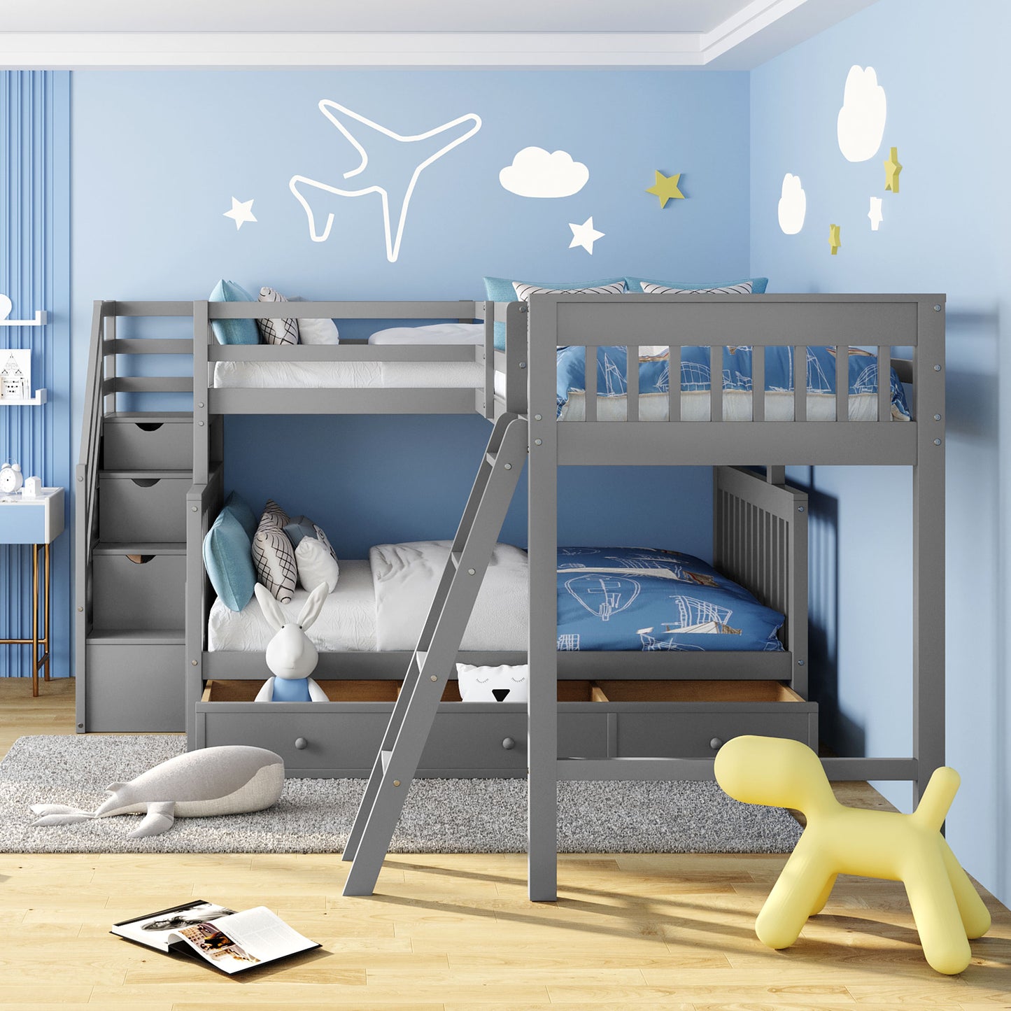 Modern L-Shaped Twin/Full Kids' Bunk with Stairs & Drawers