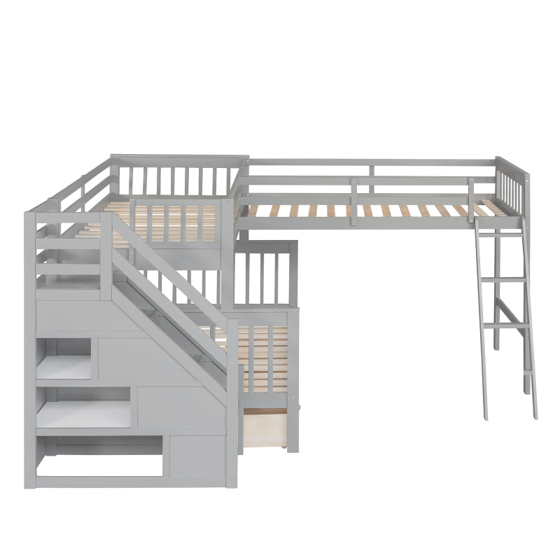 Modern L-Shaped Twin/Full Kids' Bunk with Stairs & Drawers