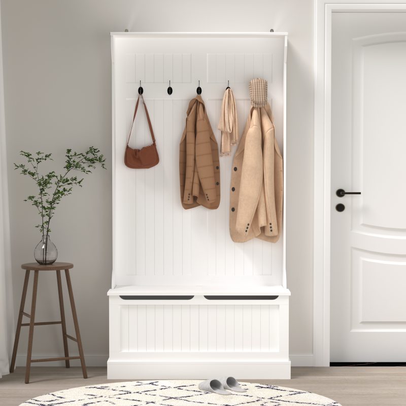 Modern White Hall Tree Bench, Entryway Shoe Storage, 5 Hooks