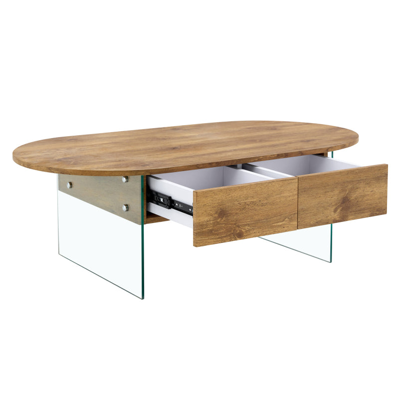 Natural Oval Coffee Table, Living Room, Glass Sides, Drawers