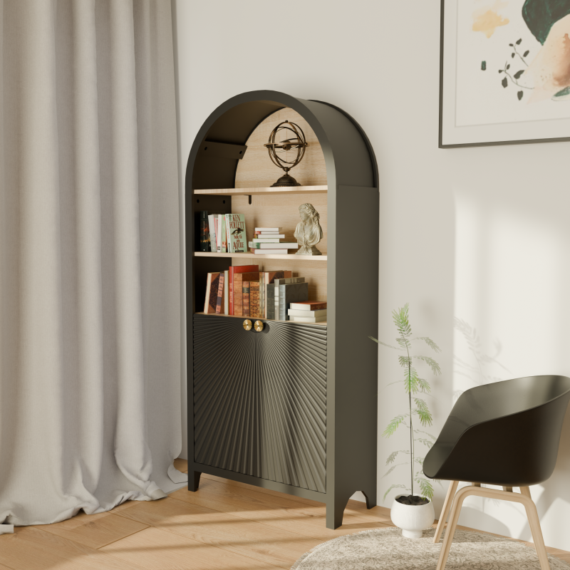 Mid-Century Tall Arched Bookcase with Door for Living Room