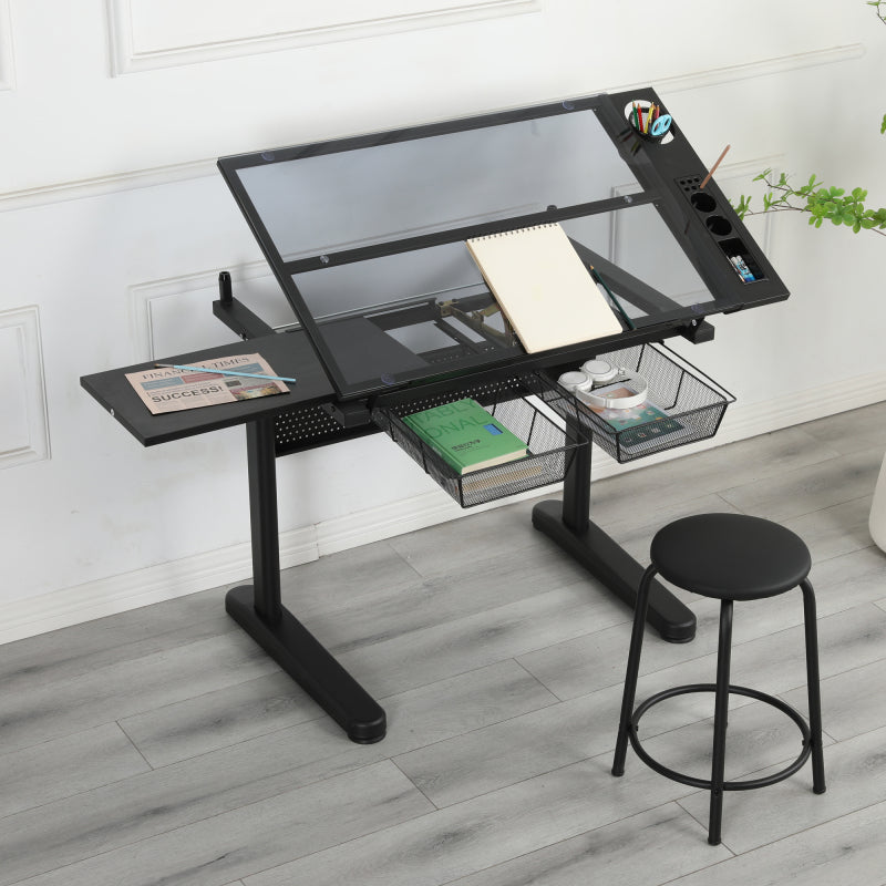 Industrial Drafting Table & Stool for Studio, Hand Crank