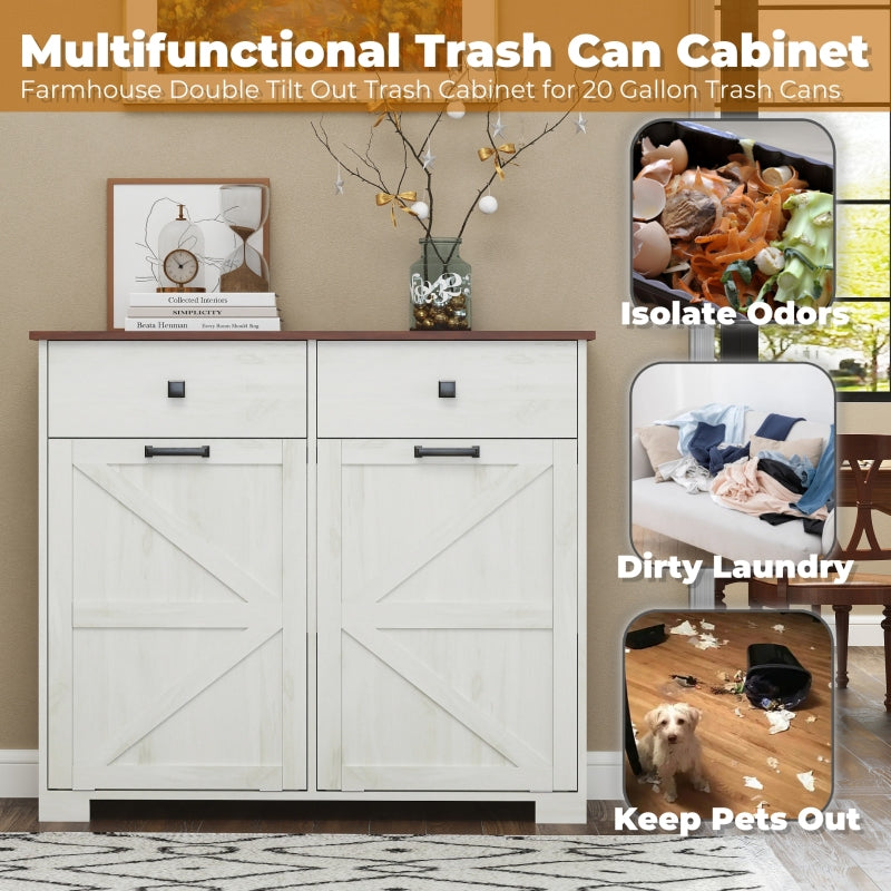 Farmhouse Barn-Door Double Tilt-Out Kitchen Trash Cabinet