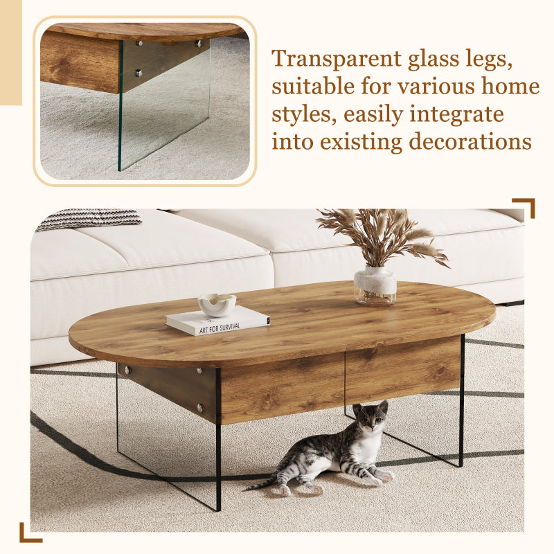 Natural Oval Coffee Table, Living Room, Glass Sides, Drawers
