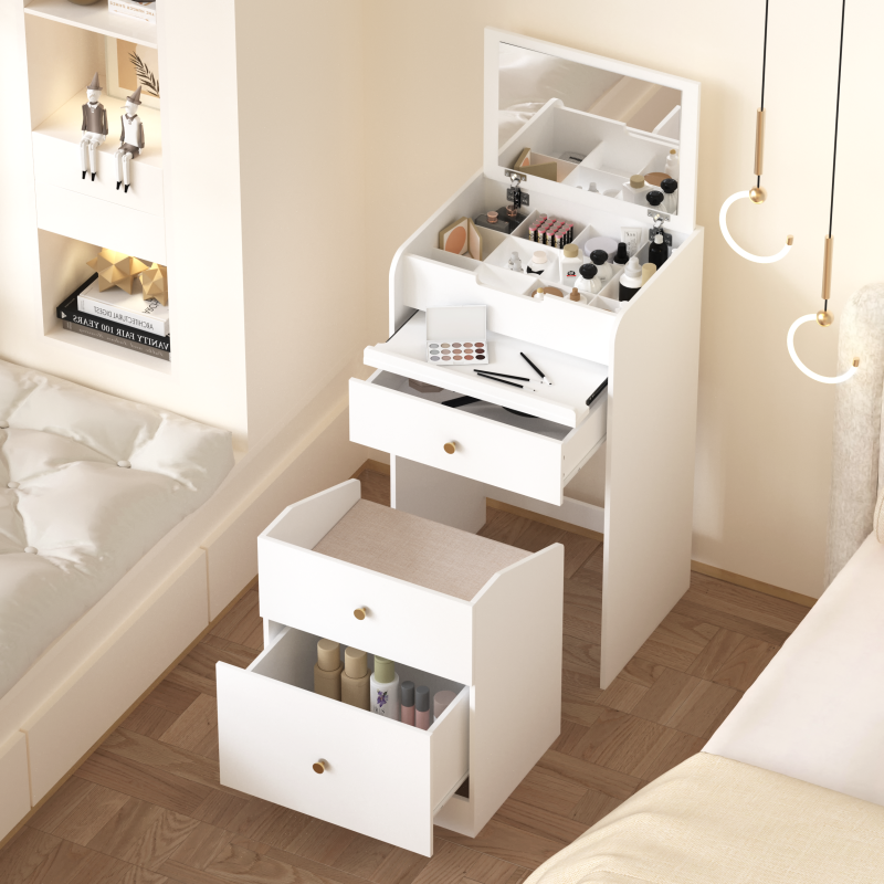 Compact Modern White Vanity Desk, Mirror & Chair for Bedroom