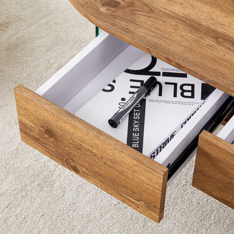 Natural Oval Coffee Table, Living Room, Glass Sides, Drawers