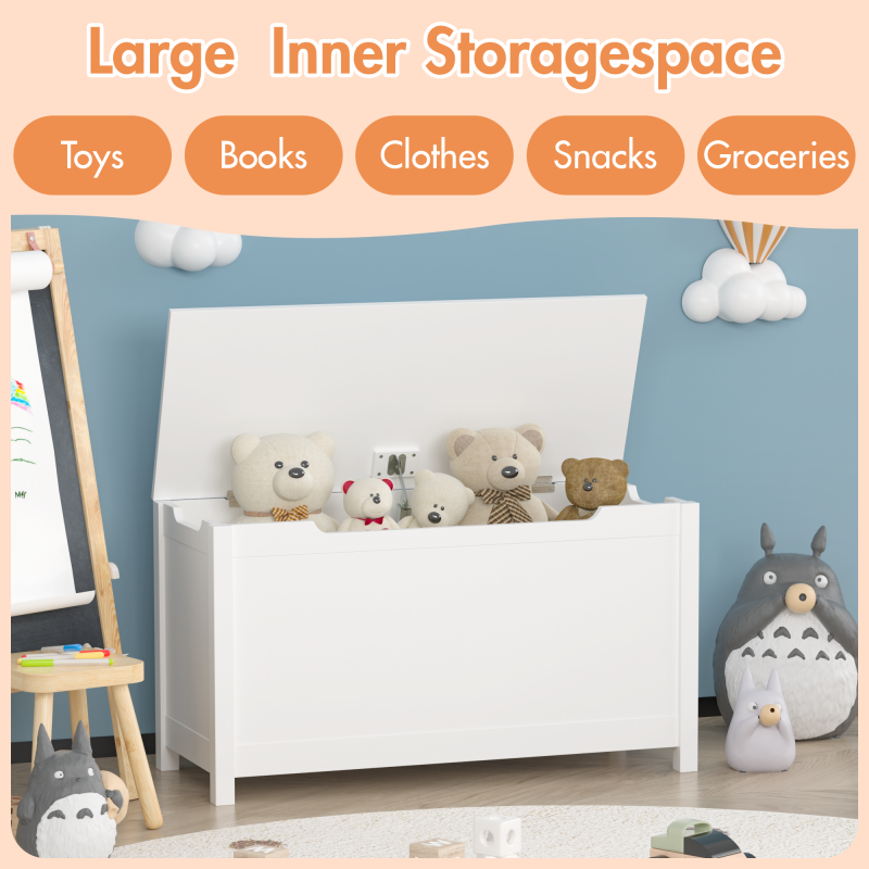 White Kids' Toy Box for Playroom with Safety Hinged Lid